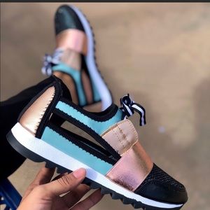 Rose gold and teal sneakers